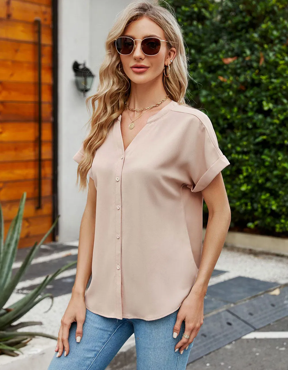 Solid-color V Neck Button Front Bat Sleeve Loose Shirt