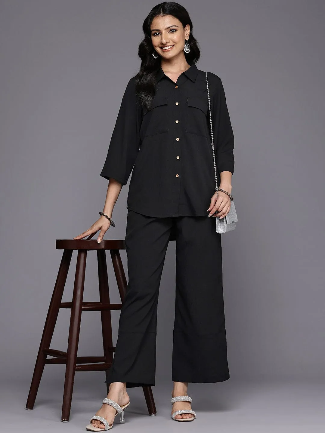 Varanga Women Black Crepe Shirt Collar Top And Bottom