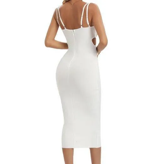 Vickey Beaded Sweetheart Neck Side Cut Out Midi Dress