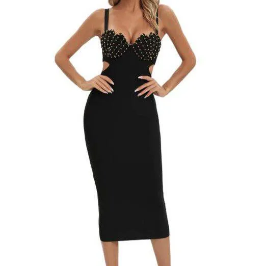 Vickey Beaded Sweetheart Neck Side Cut Out Midi Dress