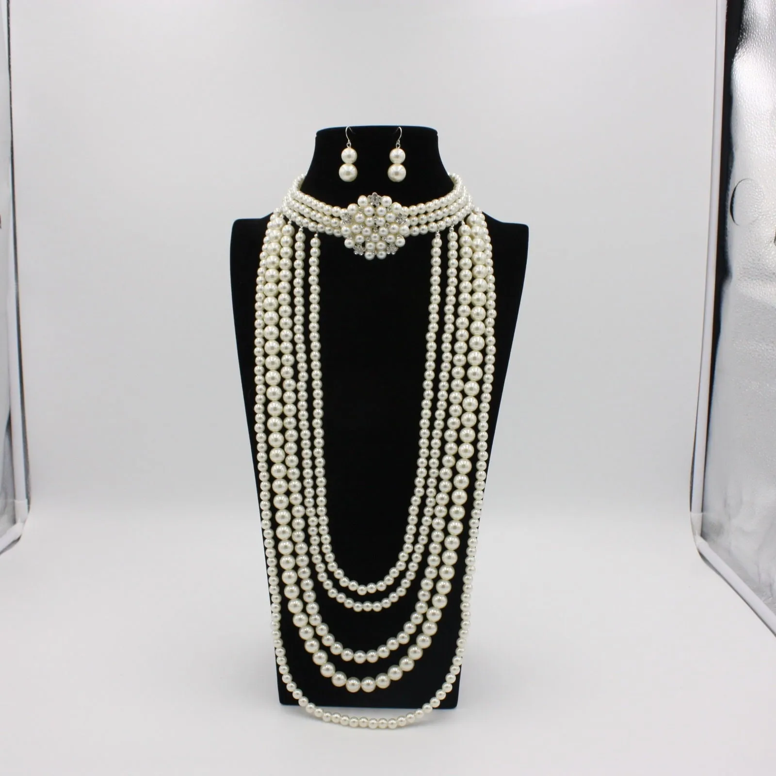 Vintage Multi Layer Long Pearl Necklace & Earrings Set