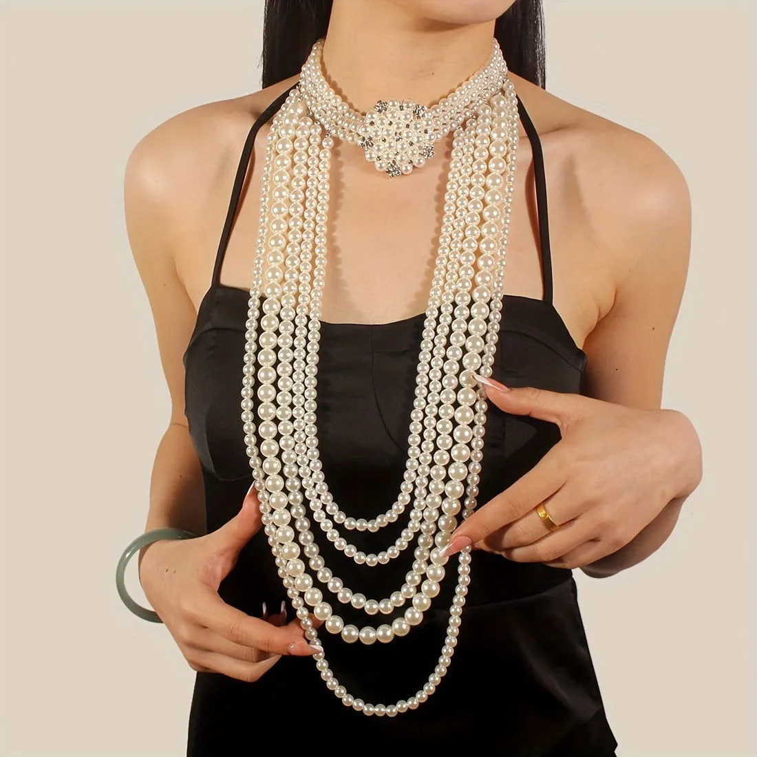 Vintage Multi Layer Long Pearl Necklace & Earrings Set