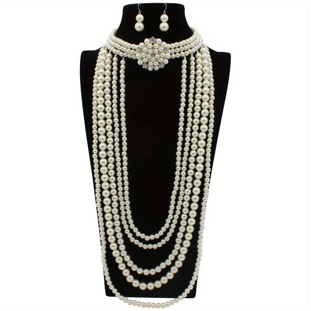 Vintage Multi Layer Long Pearl Necklace & Earrings Set