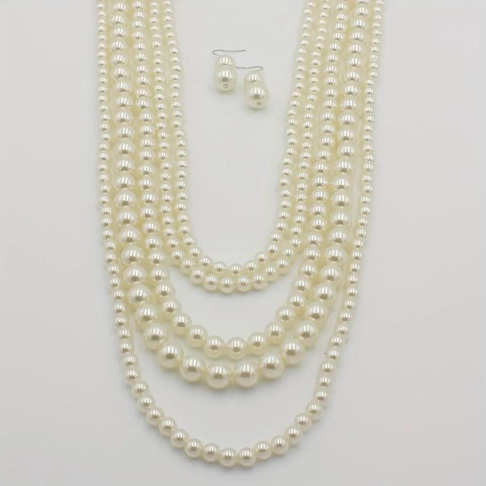 Vintage Multi Layer Long Pearl Necklace & Earrings Set