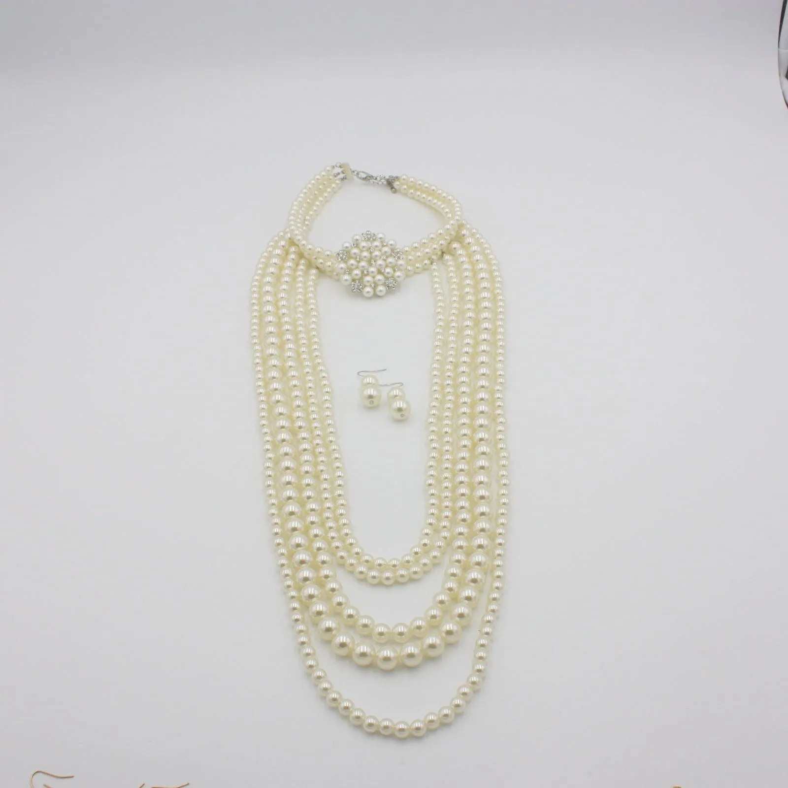 Vintage Multi Layer Long Pearl Necklace & Earrings Set