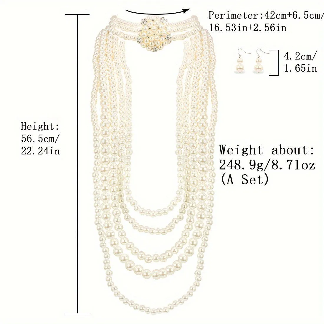 Vintage Multi Layer Long Pearl Necklace & Earrings Set