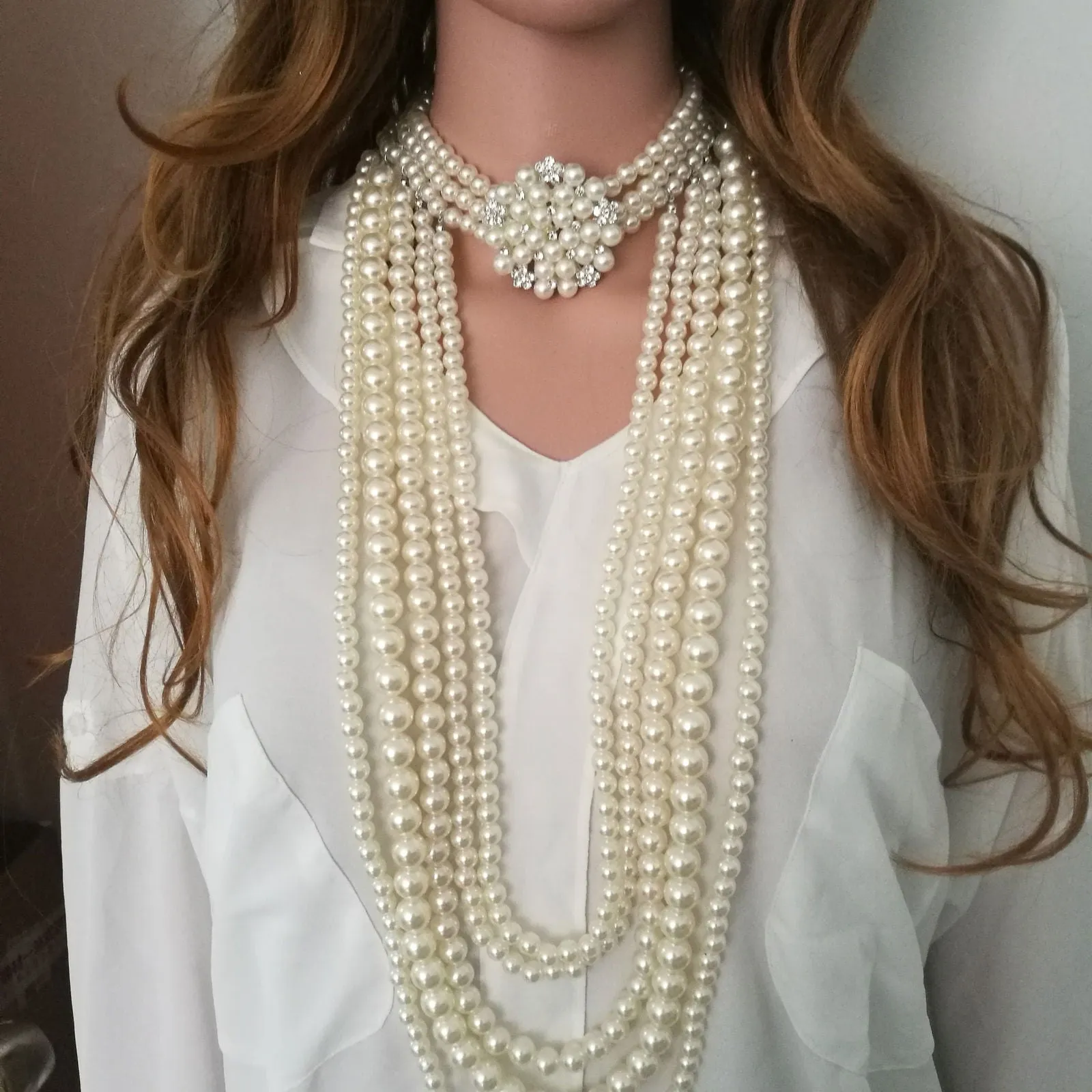 Vintage Multi Layer Long Pearl Necklace & Earrings Set