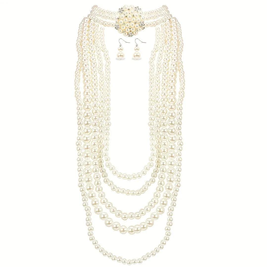 Vintage Multi Layer Long Pearl Necklace & Earrings Set