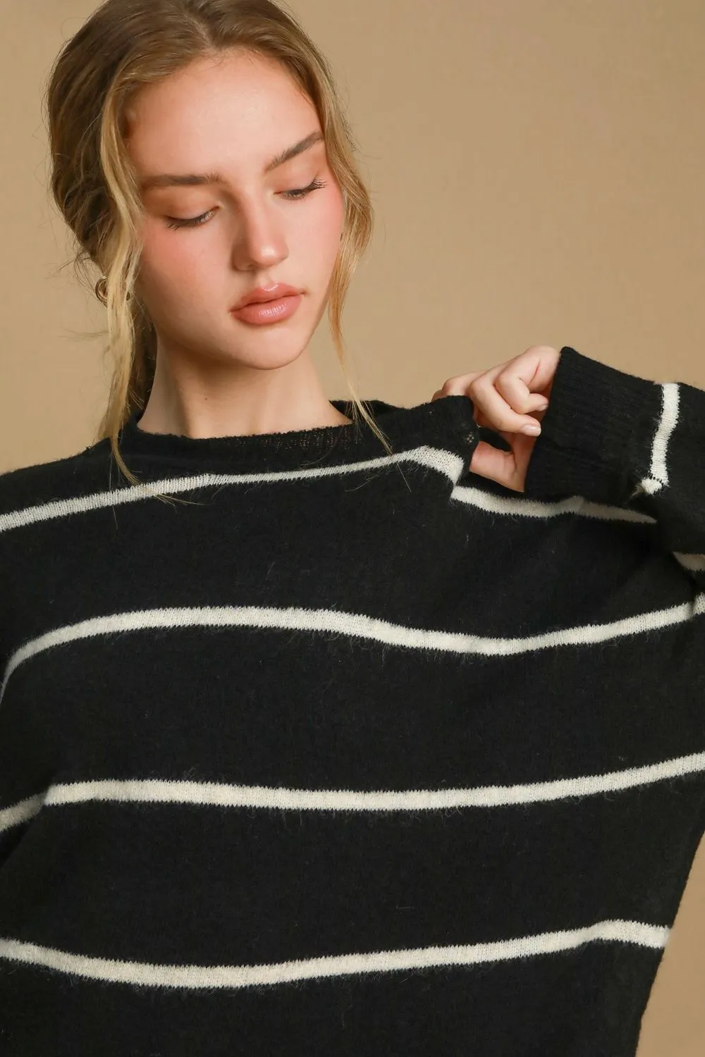 Wanda -Wool Blend Striped Round Neck Sweater -Umgee - Exclusively Online