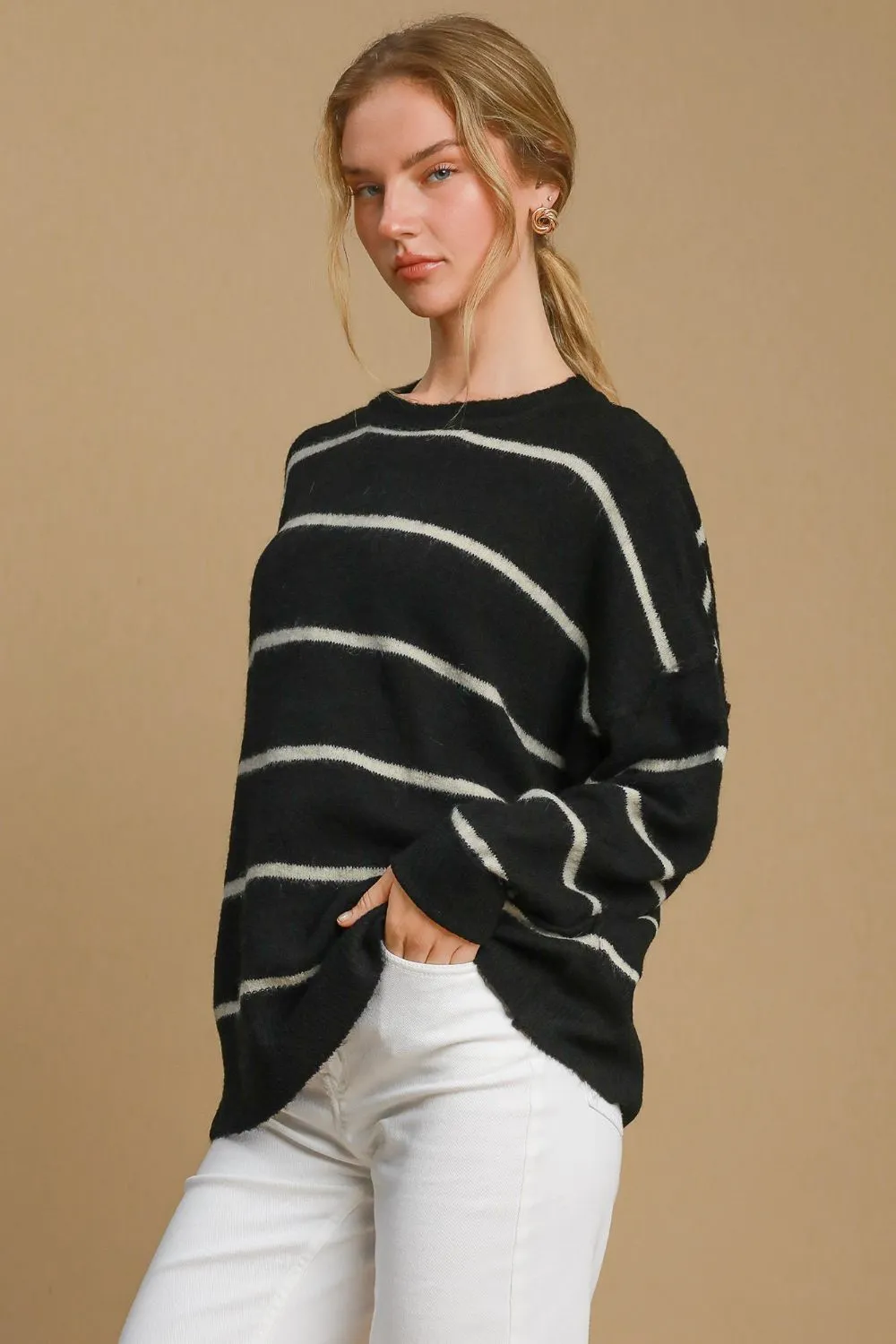 Wanda -Wool Blend Striped Round Neck Sweater -Umgee - Exclusively Online