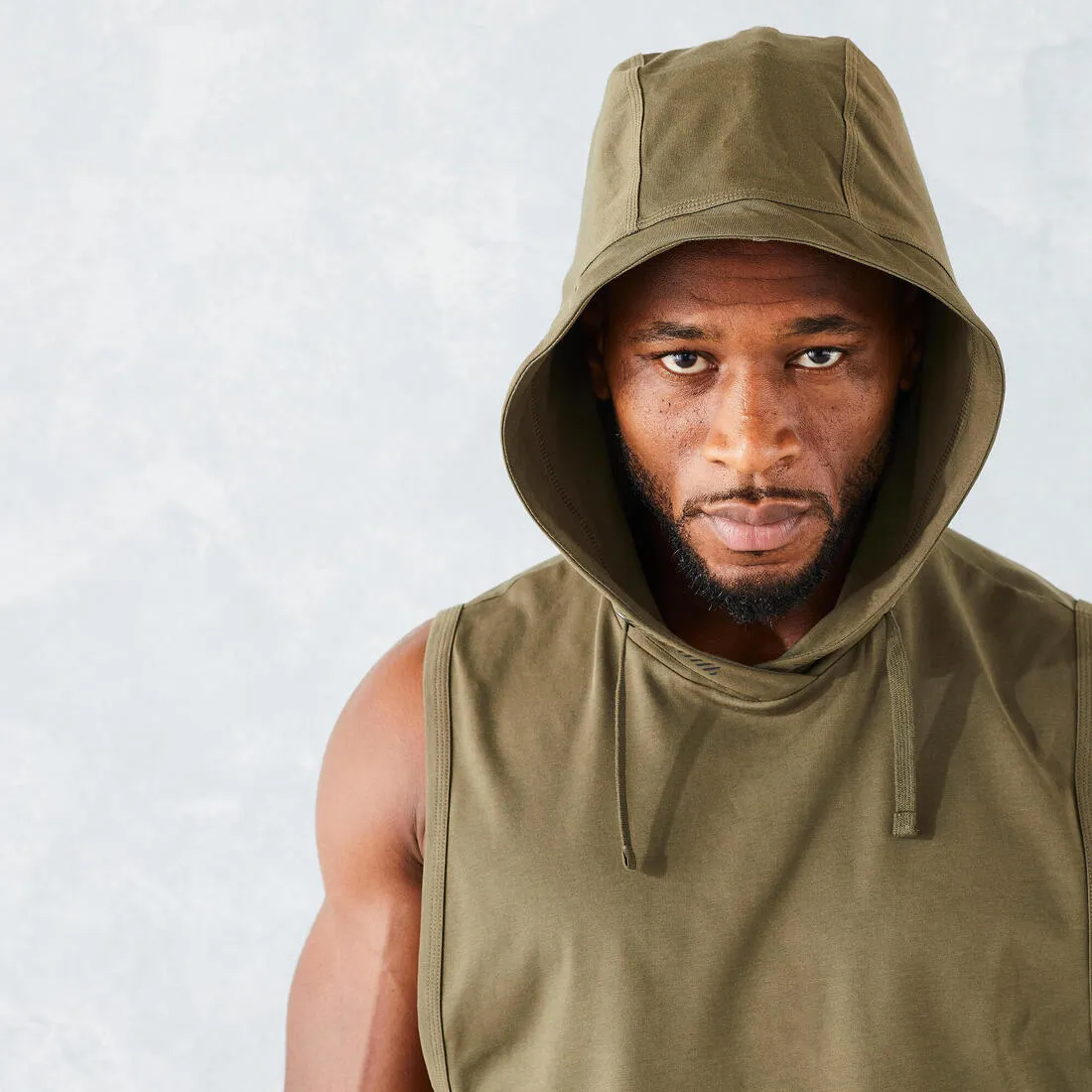 Weight Training Sleeveless Hooded T-Shirt - Khaki