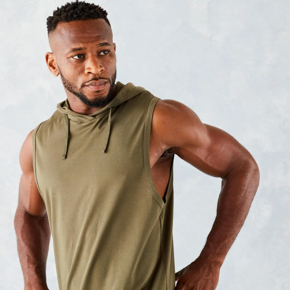 Weight Training Sleeveless Hooded T-Shirt - Khaki