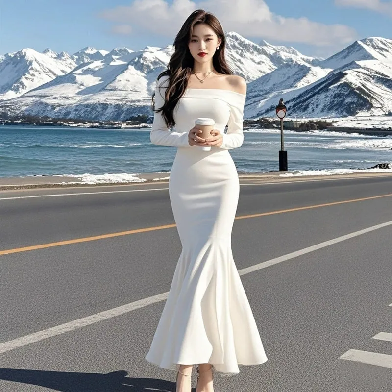 White off-the-shoulder long-sleeved dress for women       S5453