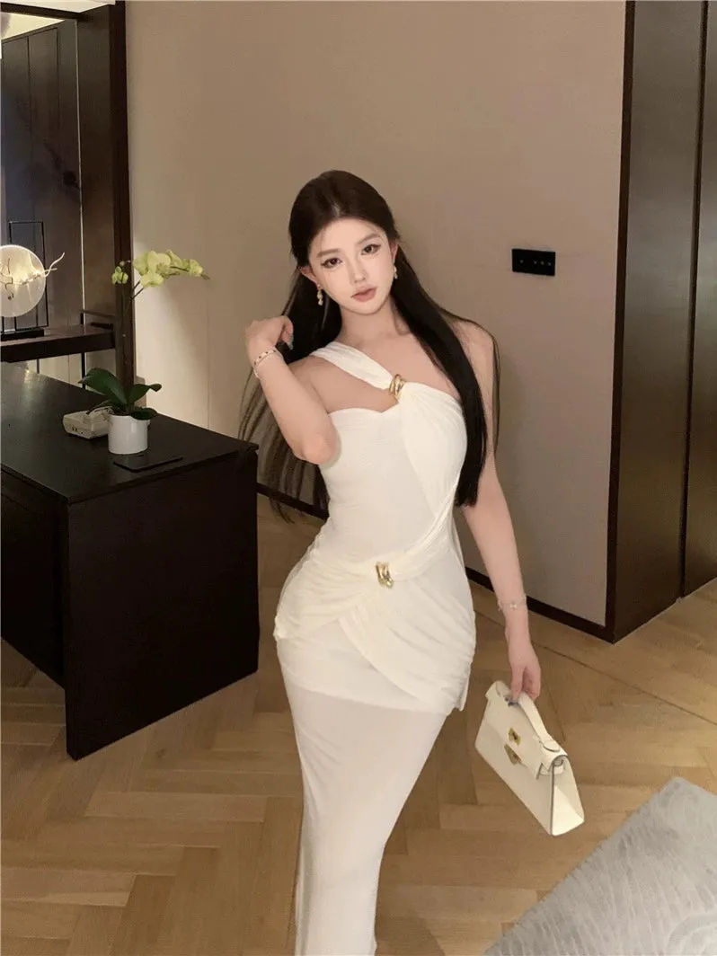 White pleated mermaid slit long party dress    S5915