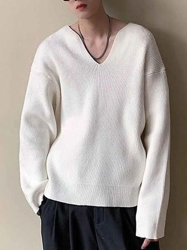 Wiaofellas Men's Pullover Sweater Jumper Jumper Ribbed Knit Regular Knitted Plain V Neck Modern Contemporary Work Daily Wear Clothing Apparel Fall Winter Black White M L XL