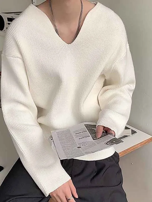 Wiaofellas Men's Pullover Sweater Jumper Jumper Ribbed Knit Regular Knitted Plain V Neck Modern Contemporary Work Daily Wear Clothing Apparel Fall Winter Black White M L XL