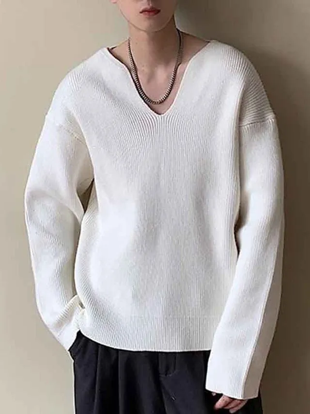 Wiaofellas Men's Pullover Sweater Jumper Jumper Ribbed Knit Regular Knitted Plain V Neck Modern Contemporary Work Daily Wear Clothing Apparel Fall Winter Black White M L XL