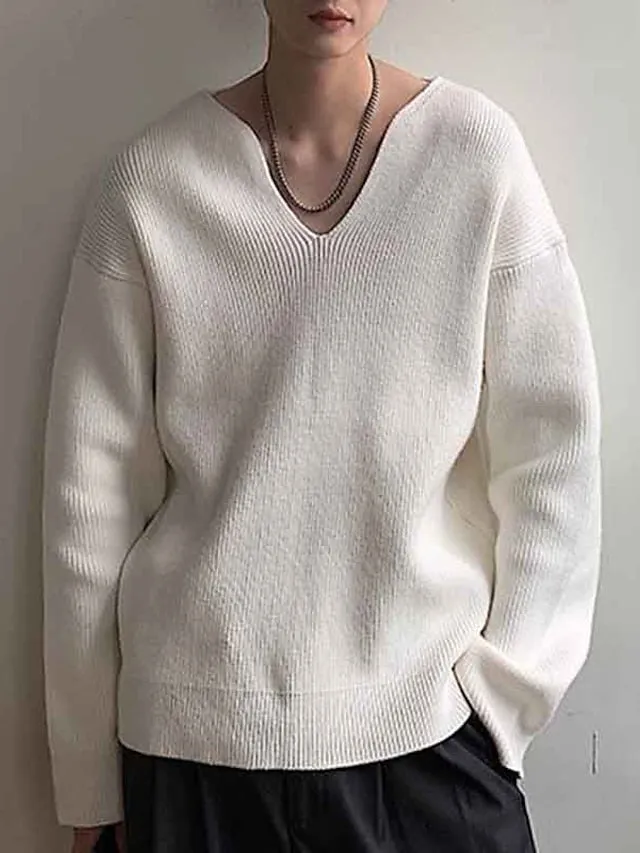 Wiaofellas Men's Pullover Sweater Jumper Jumper Ribbed Knit Regular Knitted Plain V Neck Modern Contemporary Work Daily Wear Clothing Apparel Fall Winter Black White M L XL