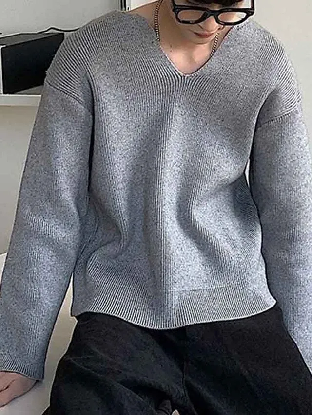 Wiaofellas Men's Pullover Sweater Jumper Jumper Ribbed Knit Regular Knitted Plain V Neck Modern Contemporary Work Daily Wear Clothing Apparel Fall Winter Black White M L XL