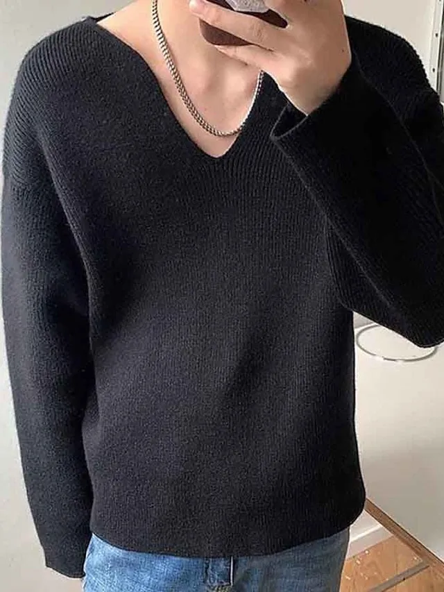 Wiaofellas Men's Pullover Sweater Jumper Jumper Ribbed Knit Regular Knitted Plain V Neck Modern Contemporary Work Daily Wear Clothing Apparel Fall Winter Black White M L XL