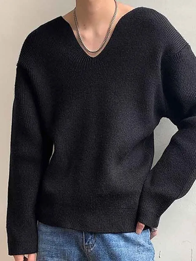 Wiaofellas Men's Pullover Sweater Jumper Jumper Ribbed Knit Regular Knitted Plain V Neck Modern Contemporary Work Daily Wear Clothing Apparel Fall Winter Black White M L XL