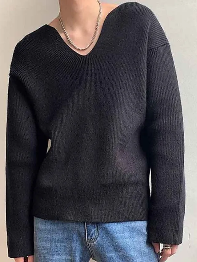 Wiaofellas Men's Pullover Sweater Jumper Jumper Ribbed Knit Regular Knitted Plain V Neck Modern Contemporary Work Daily Wear Clothing Apparel Fall Winter Black White M L XL