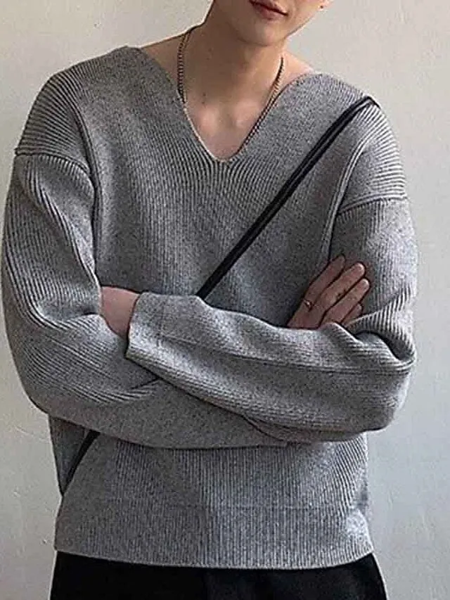 Wiaofellas Men's Pullover Sweater Jumper Jumper Ribbed Knit Regular Knitted Plain V Neck Modern Contemporary Work Daily Wear Clothing Apparel Fall Winter Black White M L XL