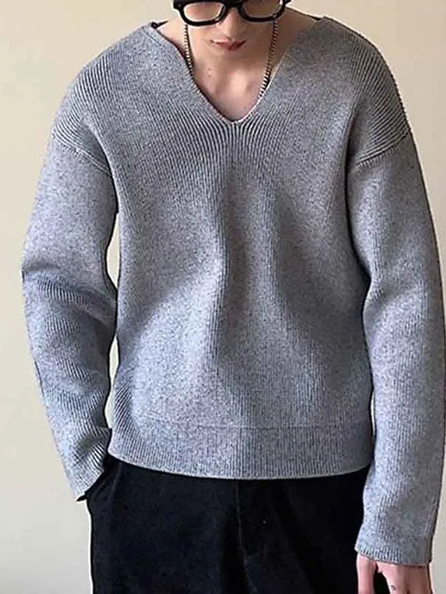 Wiaofellas Men's Pullover Sweater Jumper Jumper Ribbed Knit Regular Knitted Plain V Neck Modern Contemporary Work Daily Wear Clothing Apparel Fall Winter Black White M L XL