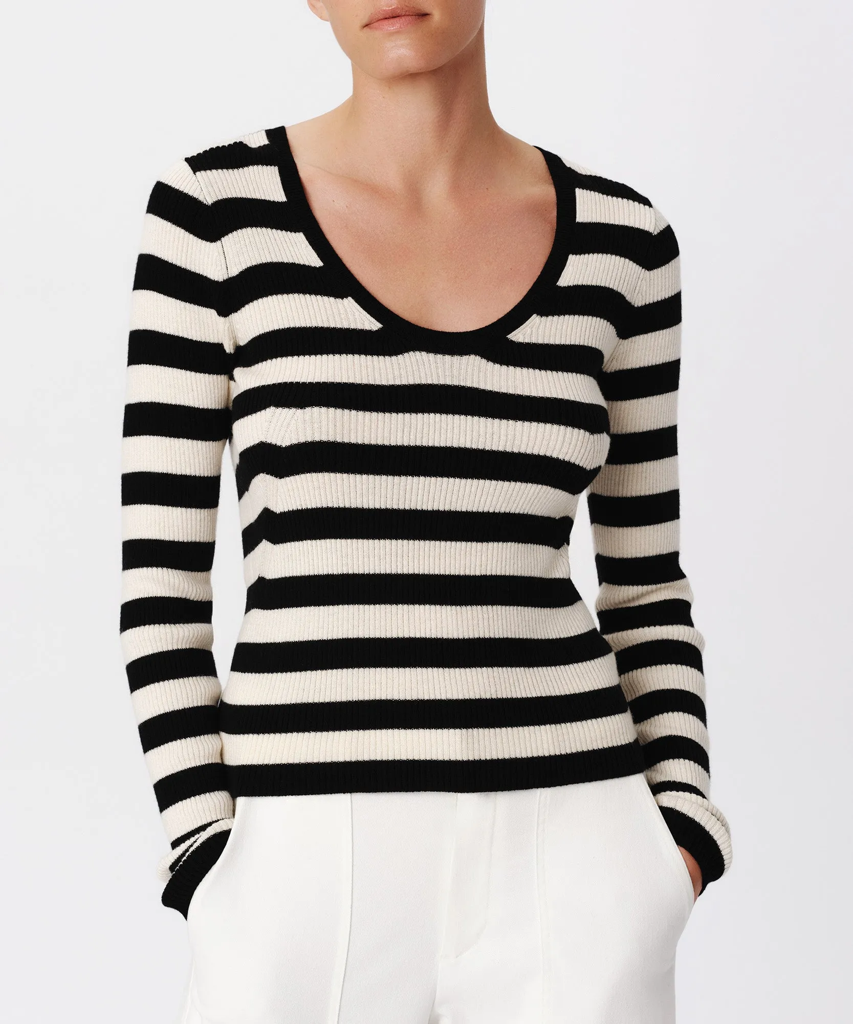 Wool Blend Striped Long Sleeve Sweater - Black-Chalk