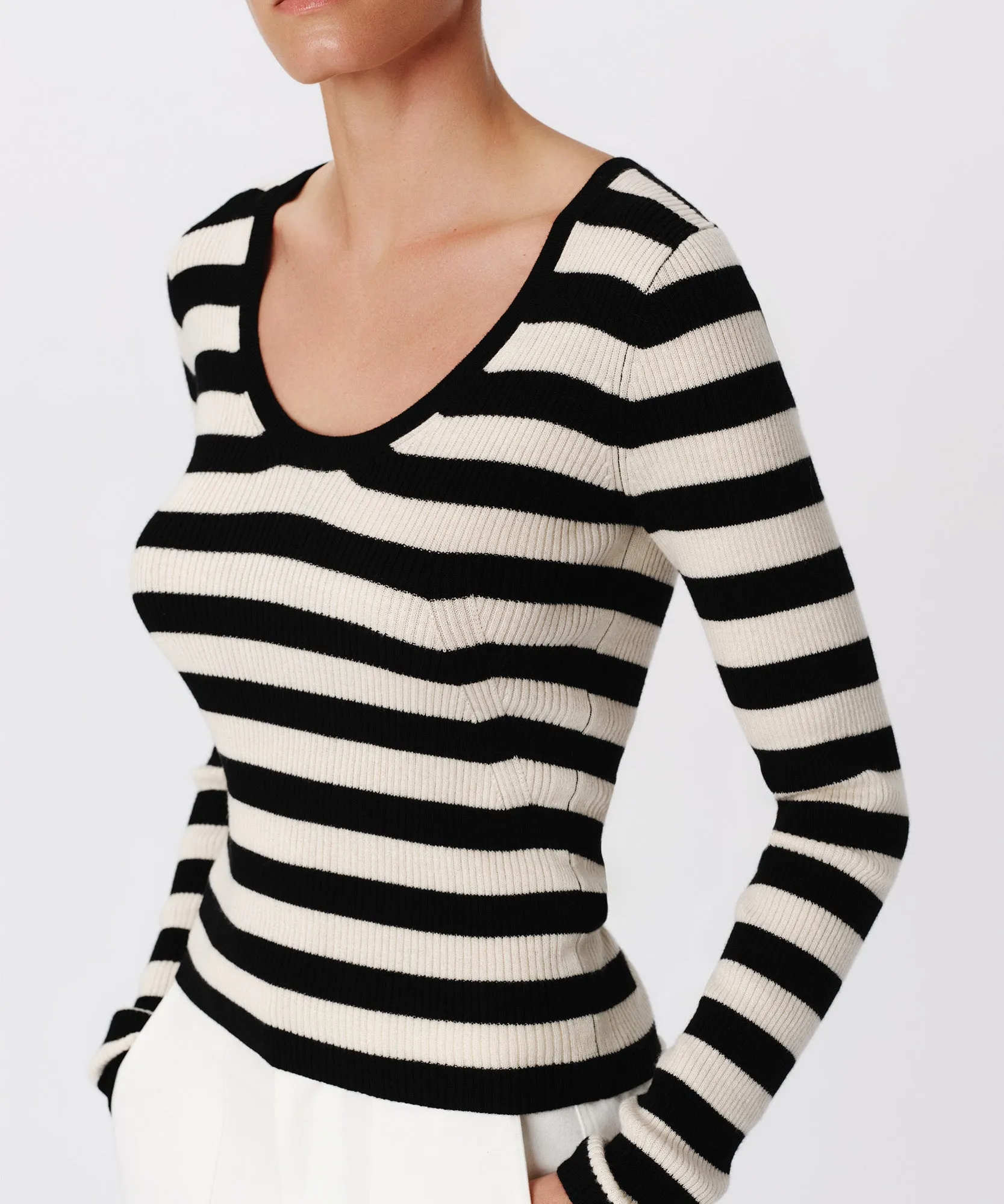 Wool Blend Striped Long Sleeve Sweater - Black-Chalk