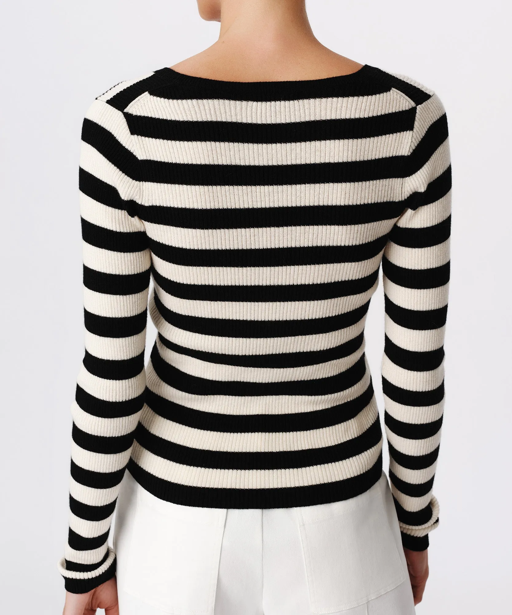 Wool Blend Striped Long Sleeve Sweater - Black-Chalk