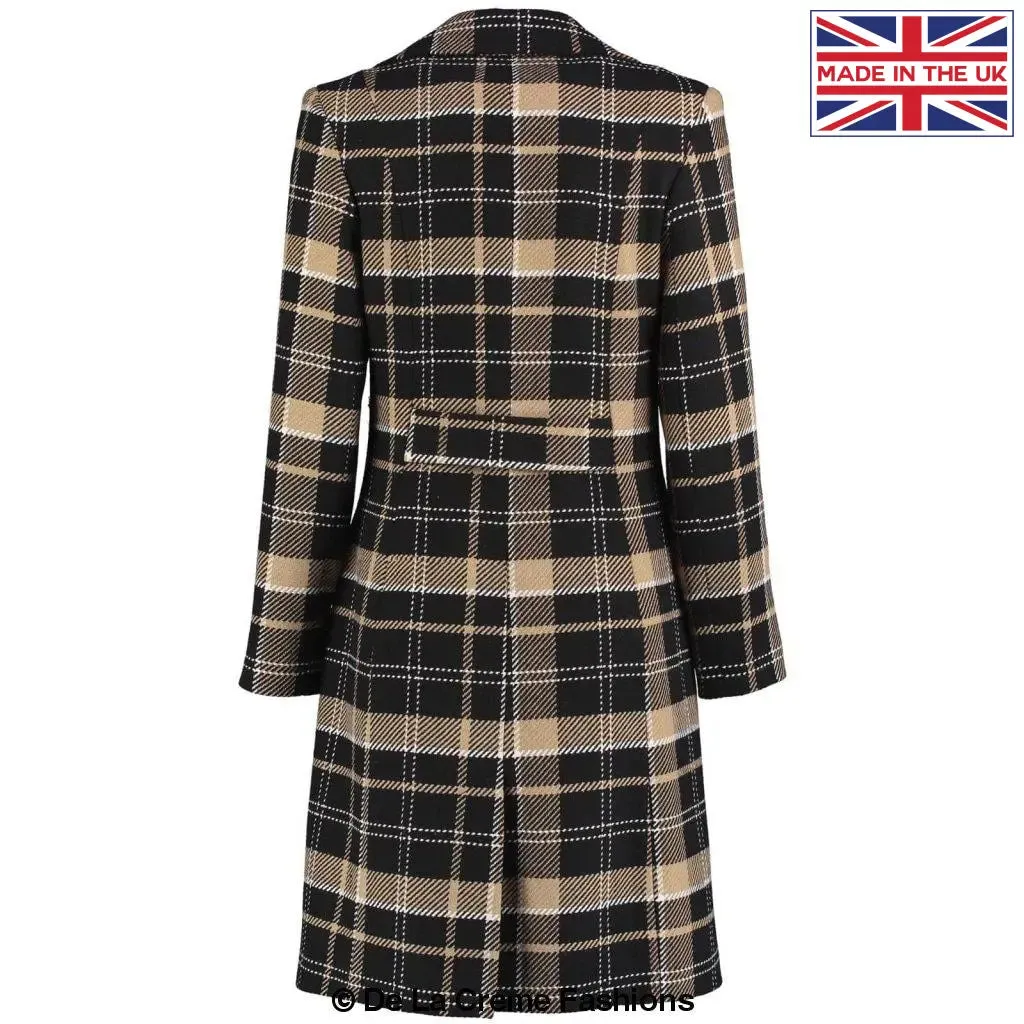 Wool Blend Tartan Check Double Breasted Coat