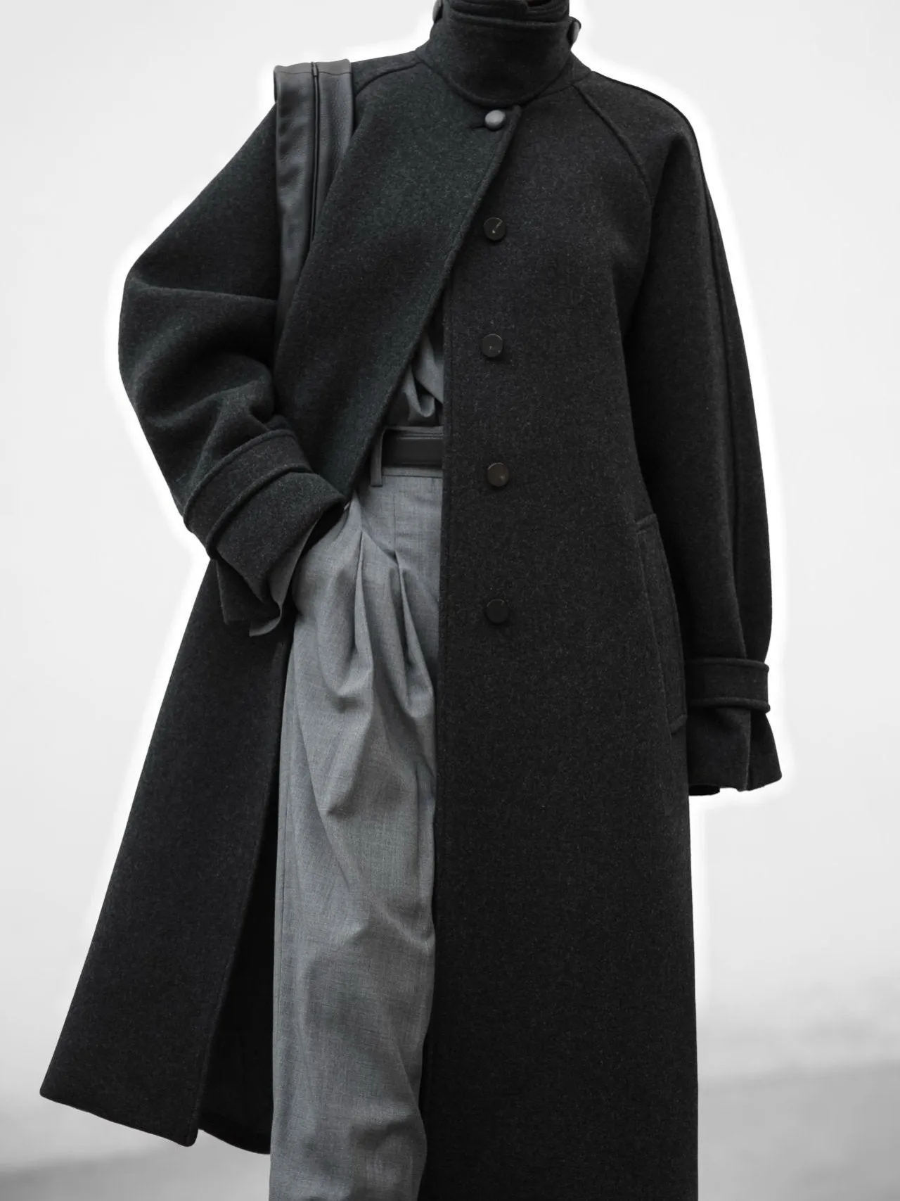 WOOL OVERSIZED HIGH NECK COLLARED BALMACAAN COAT